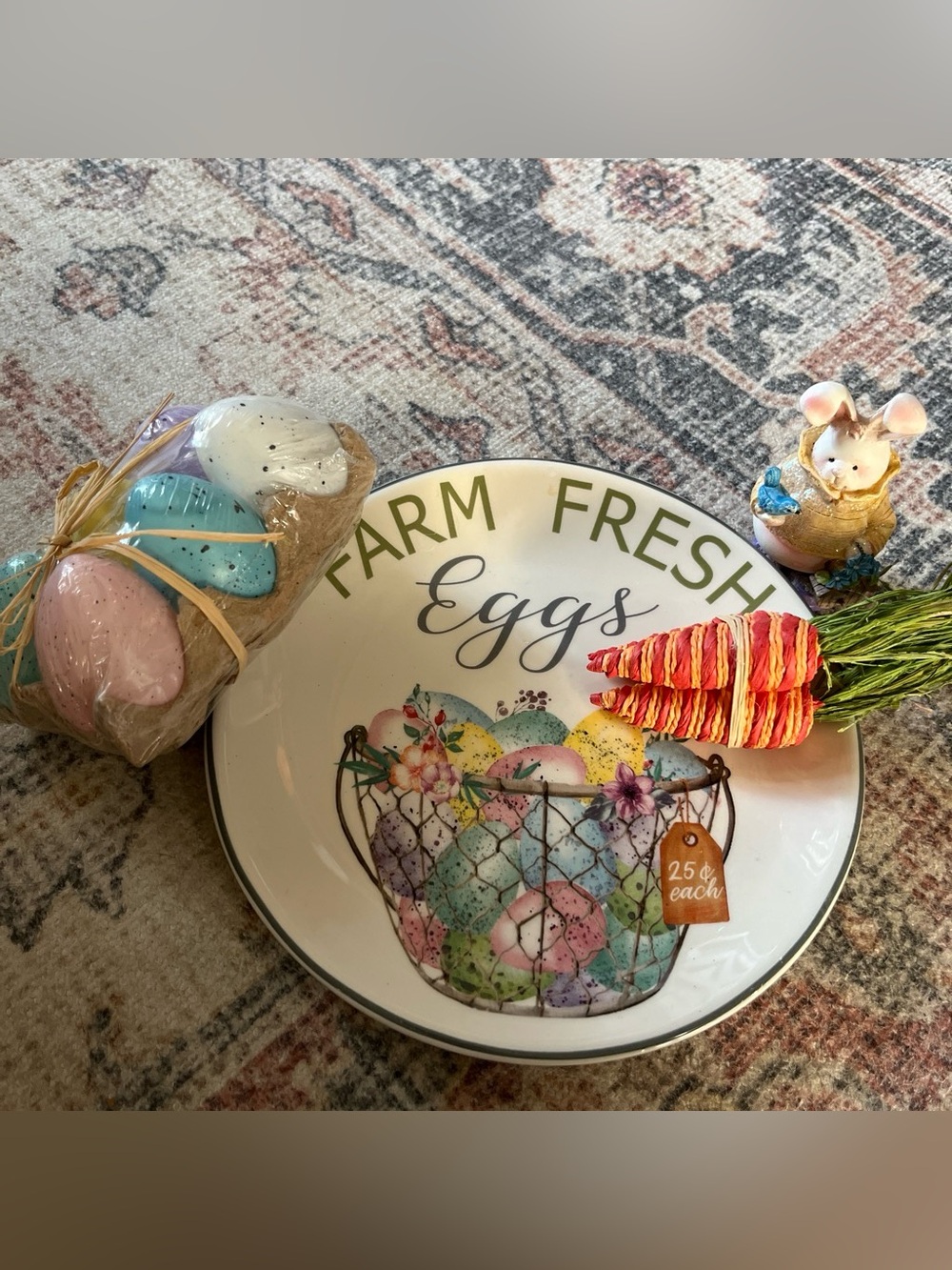 Easter decor bundle- ceramic plate,eggs, bunny figurine